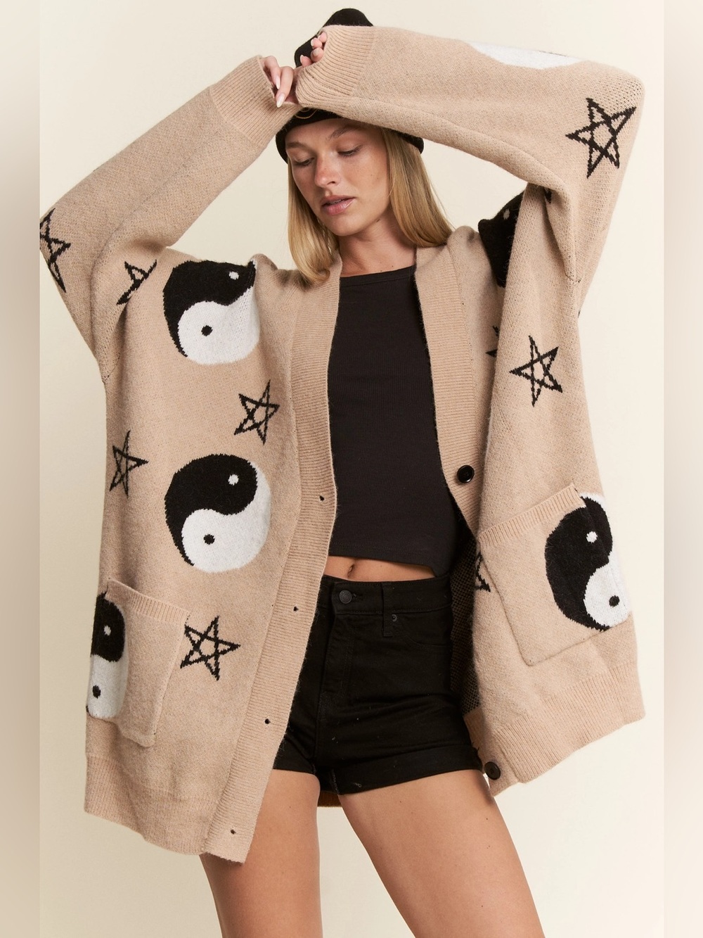 Beige Yin Yang Knit Cardigan Sweater - 767-772